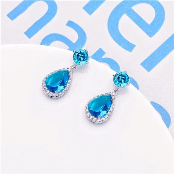 Drop Dangle Earrings - White Gold Plated Gemstone Teardrop Crystal Hypoallergeni - Picture 6 of 8